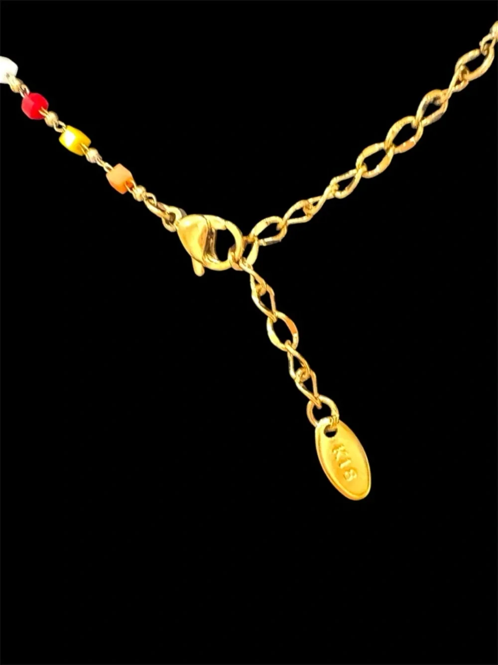 Tory Burch Dainty Multicolor Beaded Necklace Gold Logo Pendant in 18k Gold.